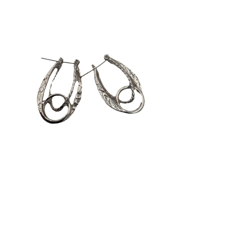 CROWN‎ TRIFARI Vintage Silver Tone Stirrup Western Rodeo  Hoop Pierced Earrings